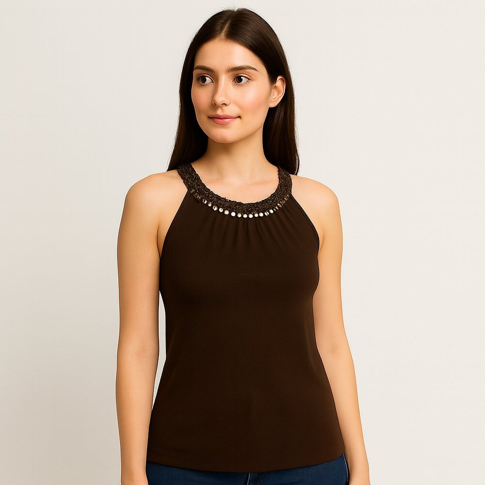 LOFT 100% Pima Cotton Brown Tank Top with Sequin, Bead, and Crochet Neckline